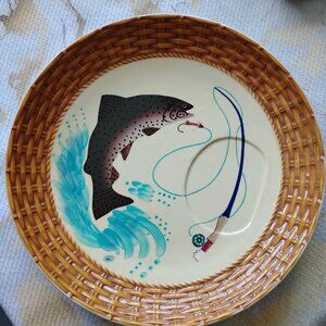 R U. Finney Trout Whimsy Big Sky Ceramic 13 1/2 Plate Server Around Lure Cabin